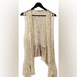 Origami Chic Cream and Rose Pattern Boho Crochet Lace Open Vest